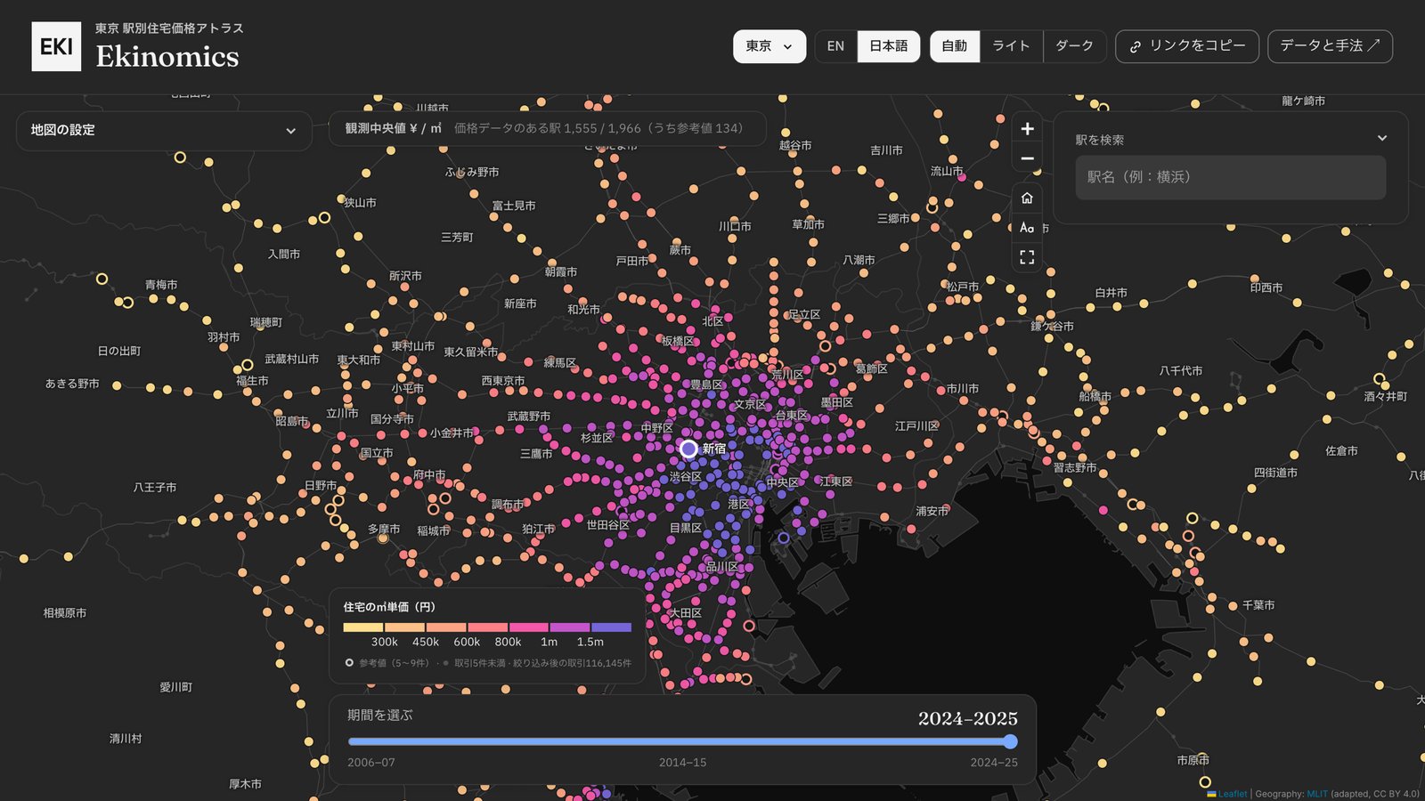 Ekinomics の首都圏マップ：2024〜25年の駅ごとの住宅㎡単価。都心が最も高く、外へ行くほど下がる