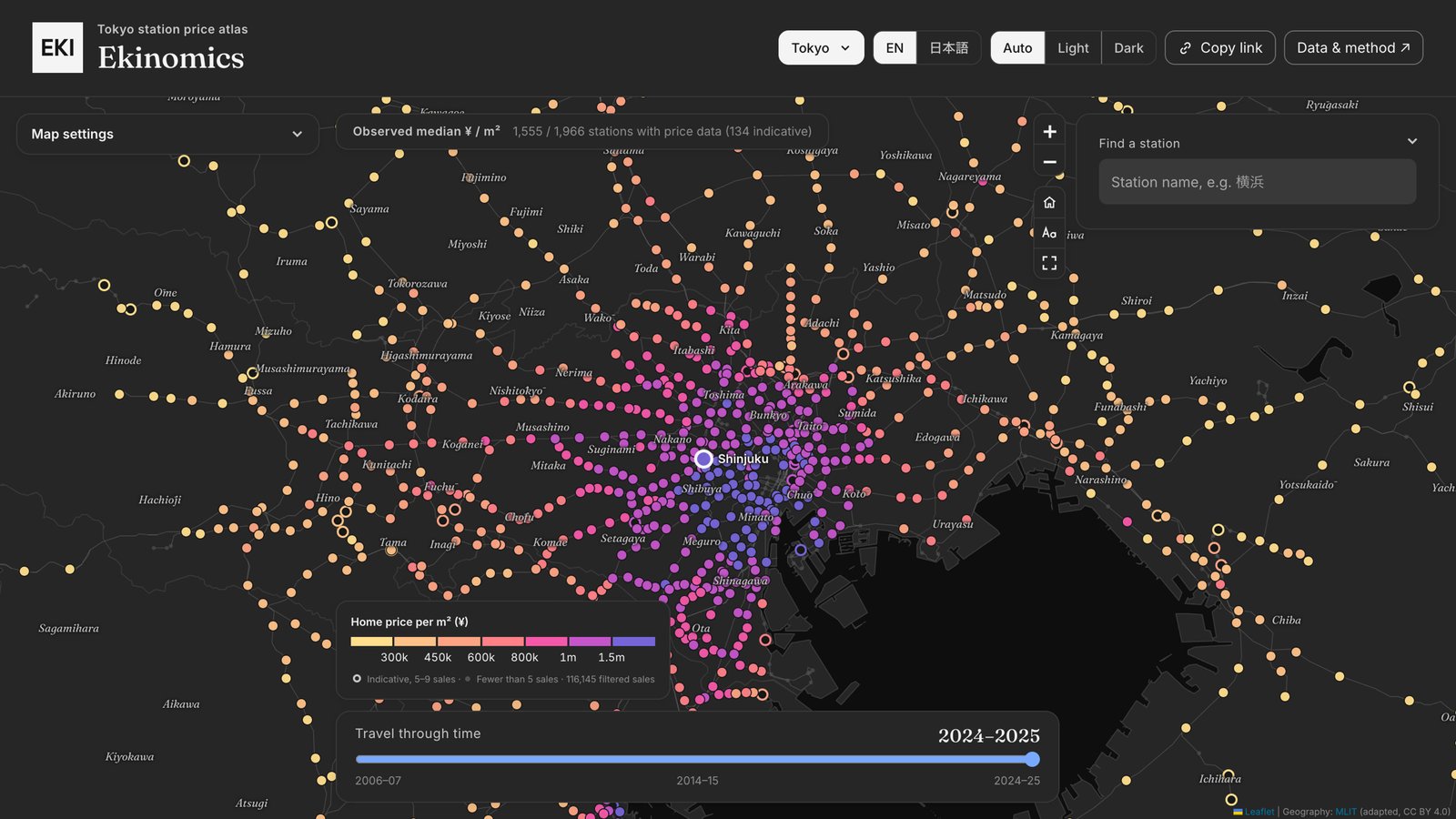 Ekinomics map of Greater Tokyo: median home price per m² by station in 2024-25, highest in the centre and falling outward