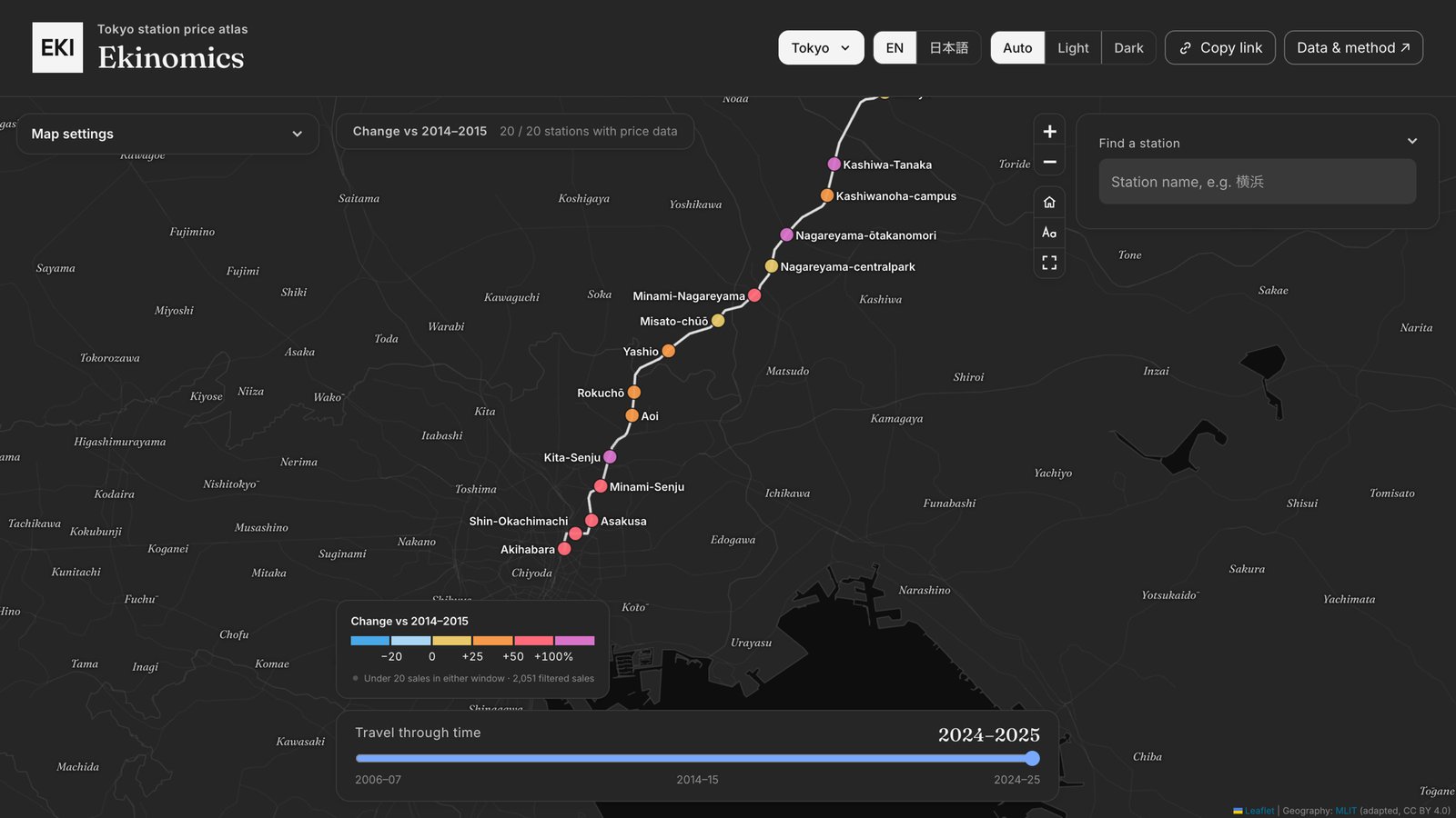 Ekinomics map of the Tsukuba Express out of Akihabara: change in home prices by station since 2014-15