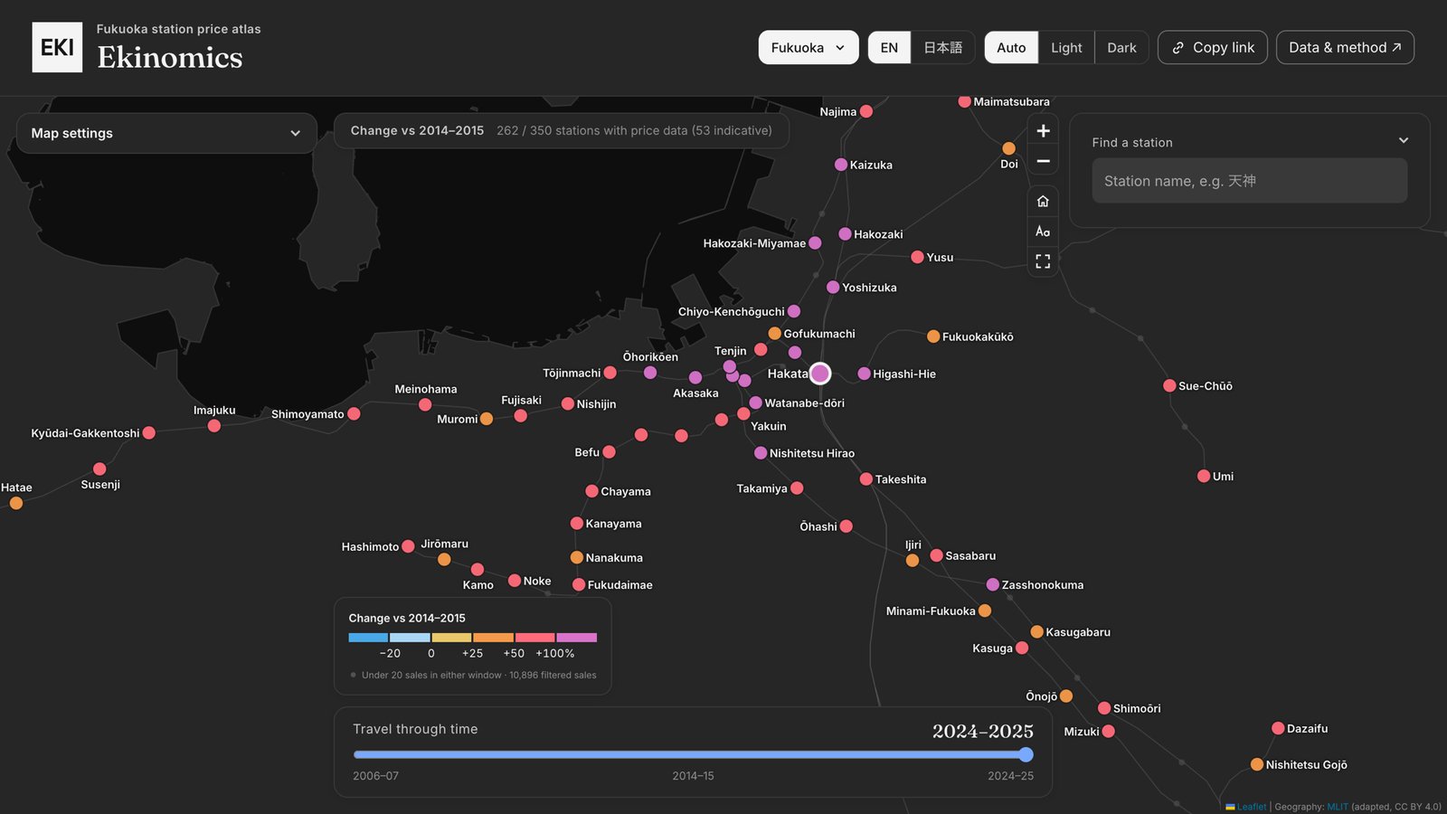 Ekinomics map of Fukuoka: change in home prices by station since 2014-15, with big rises around Tenjin and Gion