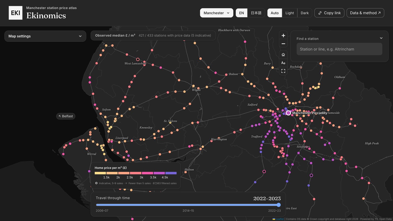 Ekinomics map of Manchester and Liverpool: home prices per m² by station in 2022-23